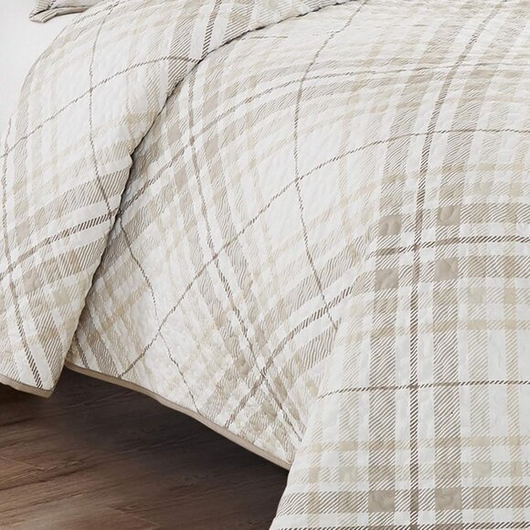 New 3 PC Beige Taupe Brown Plaid Reversible Quilt Set • KING Size - Picture 4 of 7
